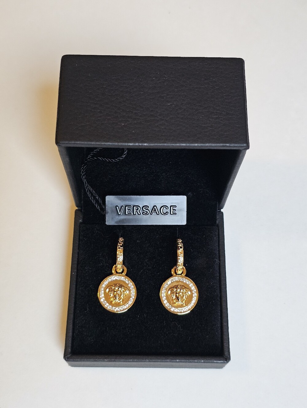 Versace Medusa Medallion with Crystal Border Drop Earrings